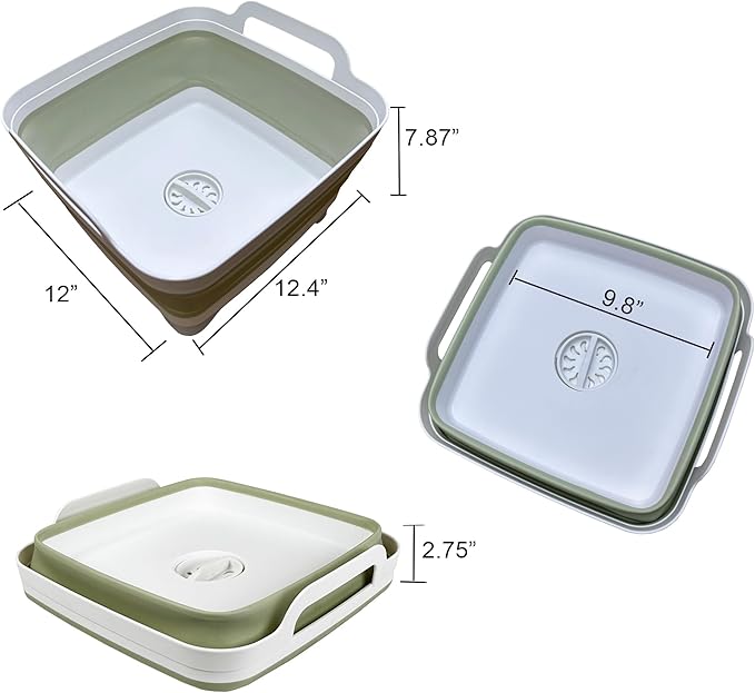 9L (2.4Gal) Dish Basin Collapsible with Drain Plug , Space Saveing Kitchen Storage Tray Dish Wash Basin, Portable Dish Tub, Foldable Dishpan for Camping ,RV,Green