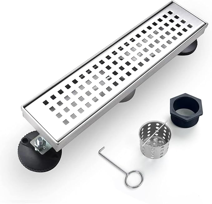 Linear Shower Drain, 12 inch Drain with Removable Grate Cover, Brushed 304 Stainless Steel Shower Floor Drain