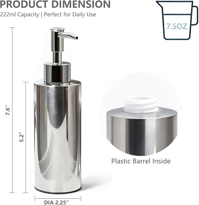 Stainless Steel Soap Dispenser, which is Suitable for Kitchen and Bathroom Hand sanitizer and Shower Gel Shampoo, (7.5OZ/220ML)