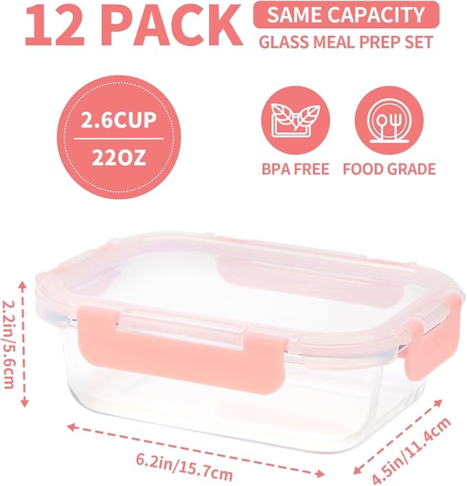 GULFLIN Glass Meal Prep Containers 12-Pack, 22oz Glass Food Storage Containers with Lids, Air-Tight, Leak-Resistant