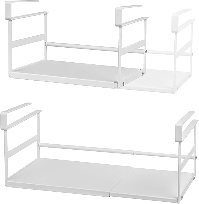 Expandable Under Shelf Storage Basket, 2 Pack Hanging Baskets Under Cabinet Shelf Organizer, Add-on Space Saver Kitchen, Pantry, Laundry Room, Heavy-Duty Slide-in White Higher