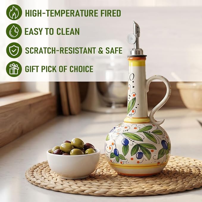 18 oz Ceramic Olive Oil Dispenser Bottle - Hand-Painted Italian Kitchen Decor Oil Cruet with 2 Spouts, Silicone Funnel, Cleaning Brush & Writable Labels - Ceramic Olive Oil Decanter for Kitchen