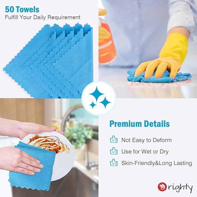Orighty Cleaning Cloths, Shop Towels 50 Pack, Shop Rags Reusable, Microfiber Cleaning Rags Bulk for Cars, Multi-Purpose Lint Free Towels for Automotive, Mechanic, Kitchen, 11.5’’ x 11.5’’, Blue