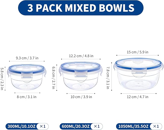 KIGI Round Food Storage Containers with Airtight Lids, Leak Proof Plastic Bowls for Lunch, Meal Prep, Fruit and Salad, 4-Sided Locking Lid, BPA-Free