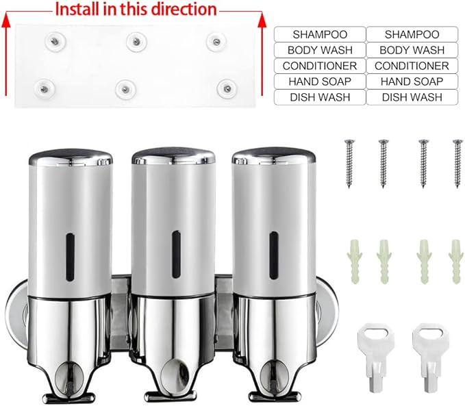 No-Drill 3 Pack 500ml Wall Mounted soap Dispenser for Bathroom and Kitchen, Shampoo and Conditioner Dispenser Drill Free with Adhesive(Round-Silve)