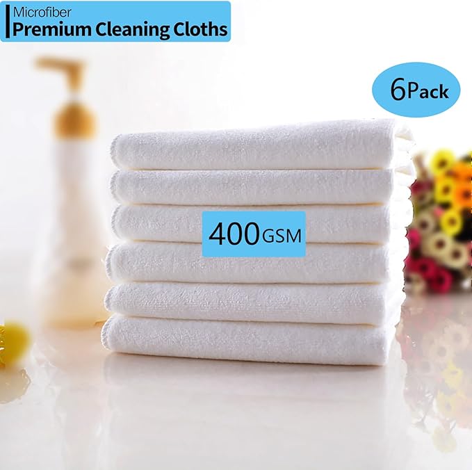 White Microfiber Cleaning Cloth 6Pack Cleaning Rags Absorbant Lint Free Cloth for House, Kitchen, Car, Glass, Stainless Steel, Window