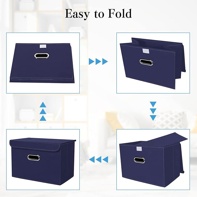 STOREONE Fabric Storage Cube Bins Foldable Organizer Container Collapsible Basket with Lids and Metal Handles, for Home, Bedroom, Closet 8 Pcs (Navy Blue)