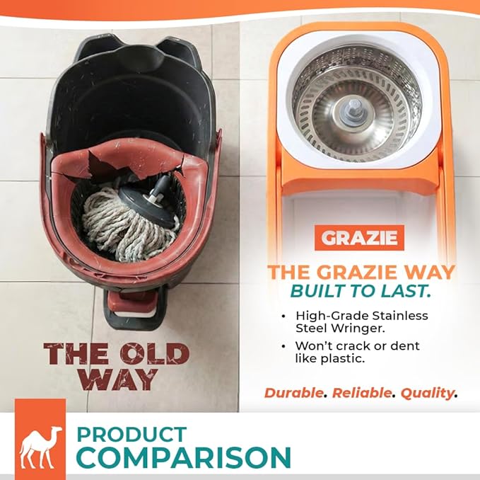 Grazie Spin Mop & Bucket Set - 360° Self-Wringing System, Stainless Steel Handle - Hands-Free Floor Cleaning for Hardwood, Tile, Laminate - Includes 2 Washable Microfiber Mop Head Refills