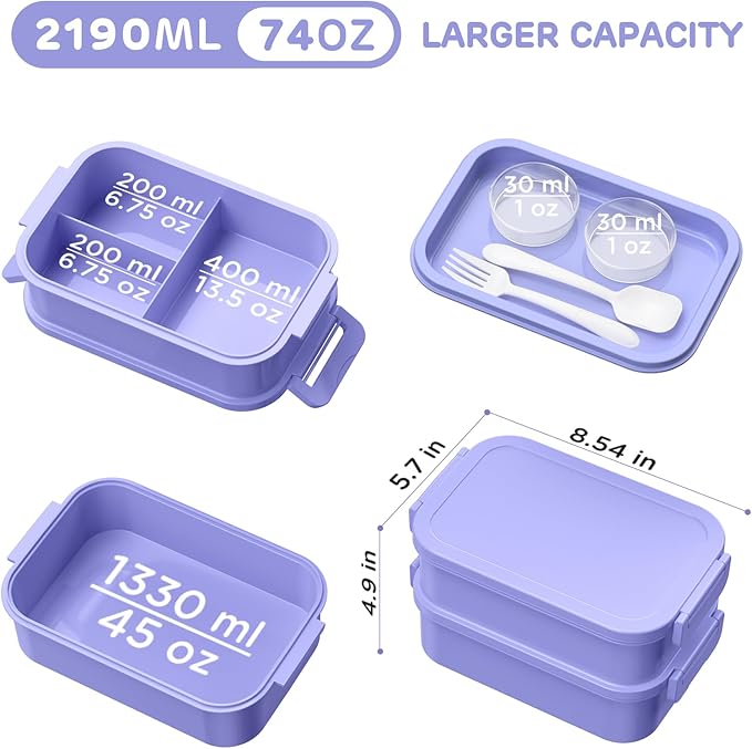 Lunch Box Adults Bento Box - 74 OZ All-in-One Stackable Lunch Box Containers for Adult Large Bento Box with Fork Spoon Sauce Boxes