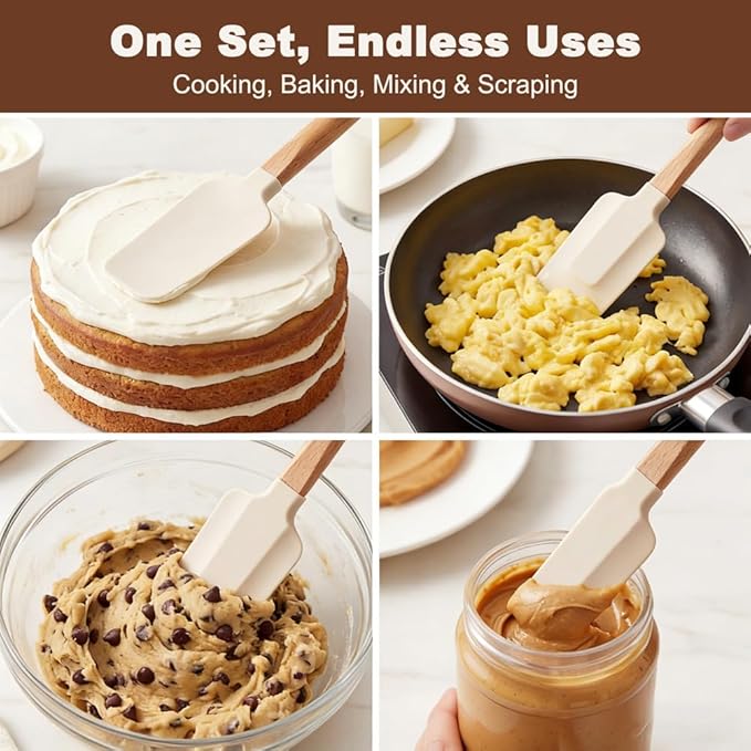 5 Pcs Silicone Spatula Set, Nonstick Rubber Spatulas with Wooden Handle, Soup Spoon Scraper, Jar Scraper for Cooking, Baking, Mixing, Frosting(COLOR:White)