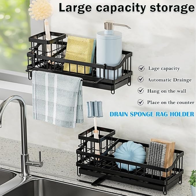 Sponge Holder for Kitchen Sink, Sink Caddy with High Brush Holder, Organzier Rustproof 304 Stainless Steel Dish Organizer Wall Mount, Soap Dispenser Storage