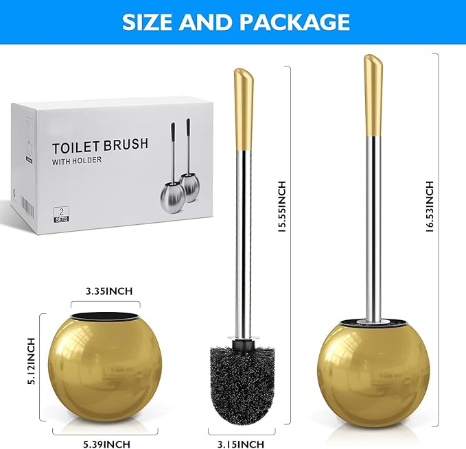 Toilet Brush and Holder 2 Pack, 304 Stainless Steel Toilet Brush with Extended and Durable Comfortable Brush Handle, Toilet Bowl Brush for Bathroom Toilet - Ergonomic, Pratical Durable (Gold)