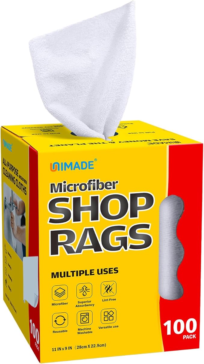 UNIMADE Shop Rags, 100 Sheets Microfiber Cleaning Cloth Commercial Grade Washcloths Lint-Free Bulk Shops Towels for Cars Mechanic Restaurant Garage Housekeeping, 11"x 9", White