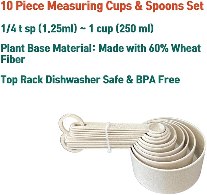 10 pcs Wheat Straw Measuring Cups and Spoons Set, Made of Natural Wheat Straw Fiber and Food Grade PP Material, BPA Free, Stackable, Microwave, Freezer and Dishwasher Safe, Cream Color