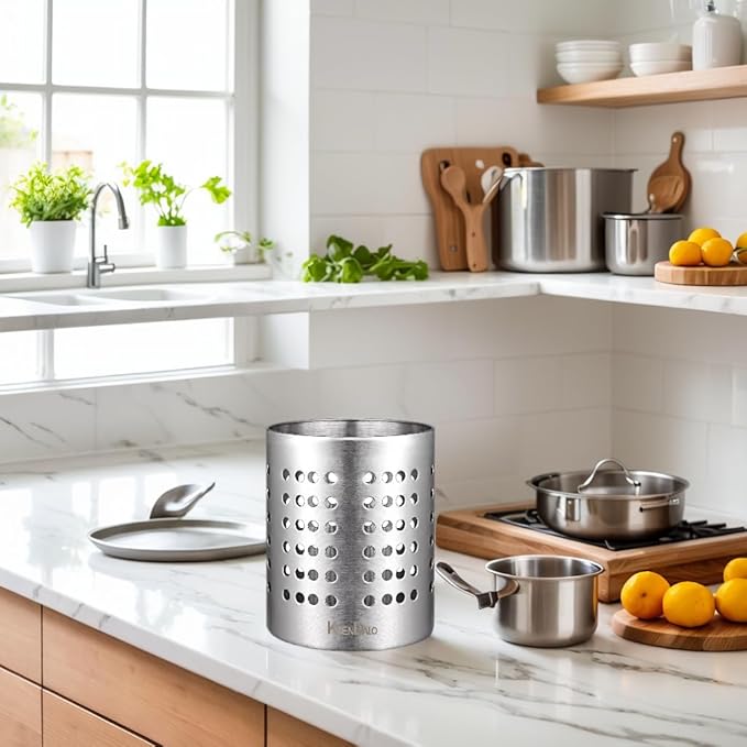 KSENDALO Small Stainless Steel Utensil Holder, SUS304 Silverware Utensil Drying Rack, Utility Sturdy Home Kitchen Daily Use Utensil Drainer for Countertop, Silver (5.32inch Tall)