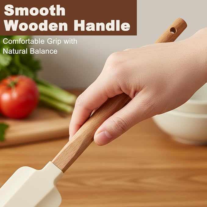 5 Pcs Silicone Spatula Set, Nonstick Rubber Spatulas with Wooden Handle, Soup Spoon Scraper, Jar Scraper for Cooking, Baking, Mixing, Frosting(COLOR:White)