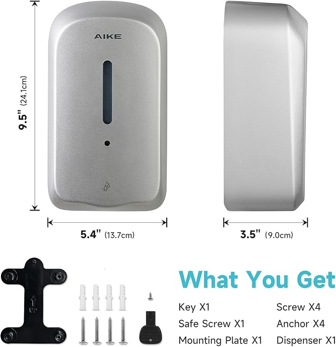 AIKE 33.8oz Automatic Wall Mount Liquid Soap Dispenser with Commercial ABS Construction, Model AK1226S(Silver)