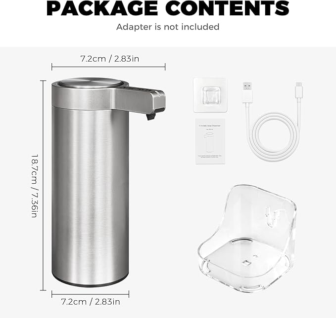 Touchless Automatic Soap Dispenser Wall Mount Stainless Steel with Sensor Infrared 9 oz Electric IPX5 Waterproof USB-C Charging Motion Sensor for Kitchen & Bathroom (Silver)