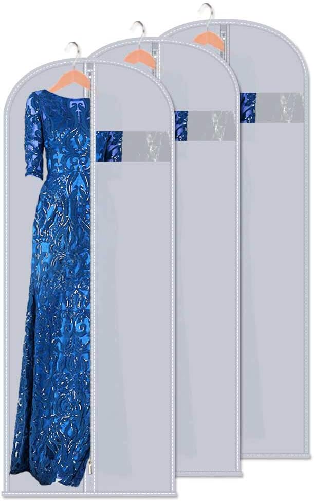 Dress Bags for Gowns & Garment Bags 60-Inch 3-Pack - PEVA Hanging Clothes Storage with Clear Window, Foldable for Wedding Dresses, Coats & Travel (Heavy-Duty Zipper)