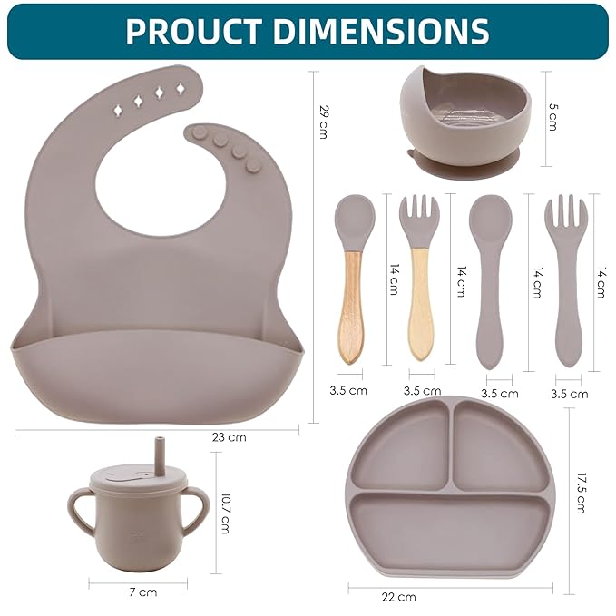 100% Silicone Baby Feeding Set, BPA Free, 9 Pcs: Suction Bowl, Divided Plate, Toddler Self Feeding Dish Set with Spoons, Forks, Sippy Cup, Bib, Beige