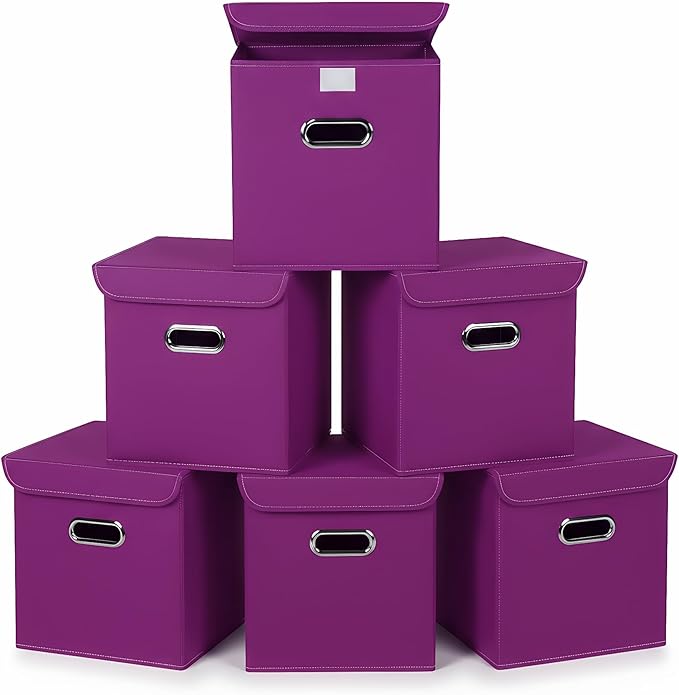 Closet Organizers Fabric Storage Bins With Lids Collapsible Cube Storage, Purple