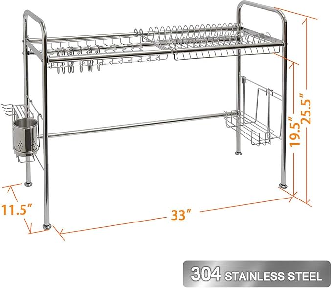 Single Layer Dish Drying Rack with Holders and Organizers - 304 Stainless Steel, Over Sink Kitchen Rack