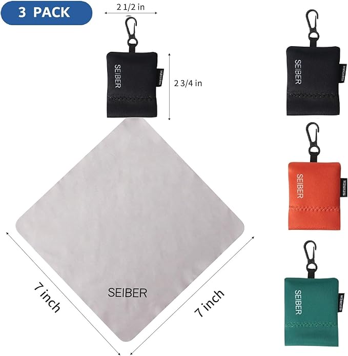 SEIBER Eyeglass Cleaning Cloth - with Neoprene Pouch | 7 x 7 inch Microfiber Glasses Clean Cloths for Sunglasses,Laptops, Cameras,Screen | Self-Closing Bottom(3PCS,BK OR GRN)