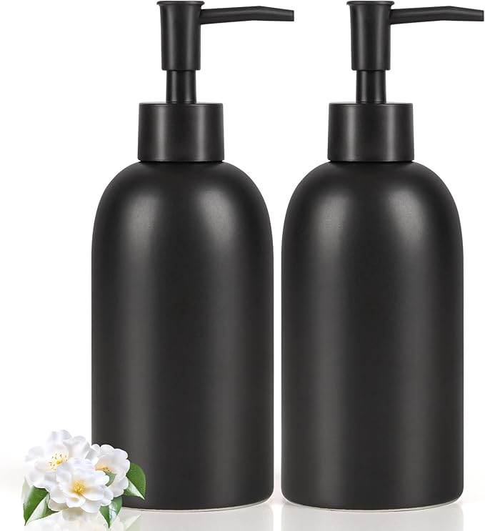 Natheeph 14OZ Ceramic Soap Dispenser Ceramic Soap Pump Dispenser Can Fill Liquid for Bathroom/Kitchen (2PC Black)