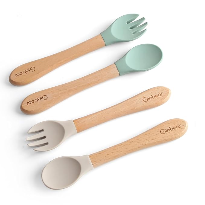 Ginbear Silicone Baby Spoons and Forks Self-feeding 12-18 Months, Soft-Tip Baby Flatware Sets, Toddler Feeding Utensils for Child, 4 Piece Set (Hazy Green/Almond)