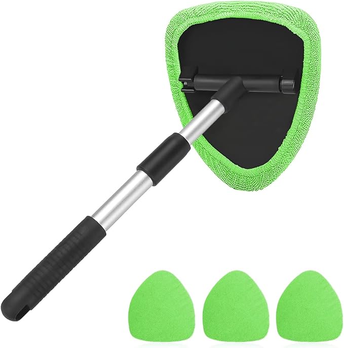 Windshield Cleaning Tool, Car Window Cleaner with Extendable Long Handle and 4 Washable Reusable Microfiber Pads