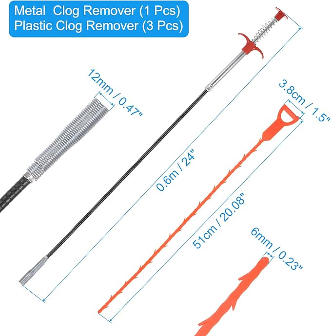 uxcell 3pcs 20 Inch Drain Hair Clog Remover Tool PP & 24 Inch Drain Cleaner Tool Sticks Stainless Steel Sewer Cleaning Hook Unclog Sink Unclogger for Toilet Bathtub Sewer, Orange