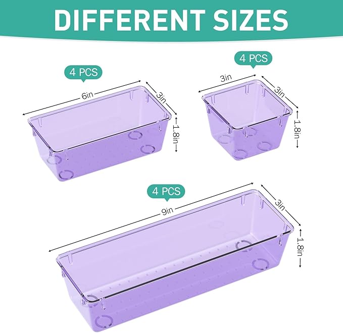 WOWBOX 12 Pack Clear Drawer Organizer Set, Acrylic Drawer Storage Trays, Storage Bins for Makeup, Cosmetics, Jewelries, Utensils, Gadgets, Office, Purple