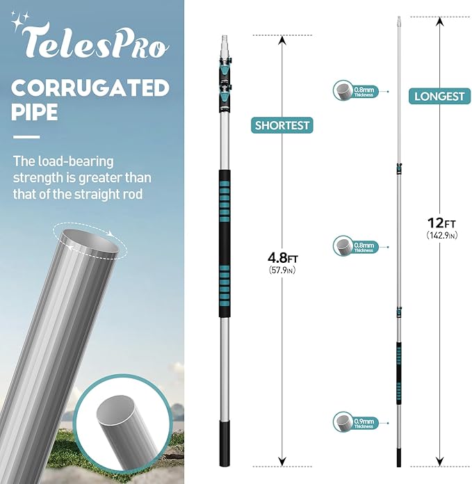 TelesPro 20ft High Reach Duster Kit - 5-12ft Pole, Dusting & Window Cleaning
