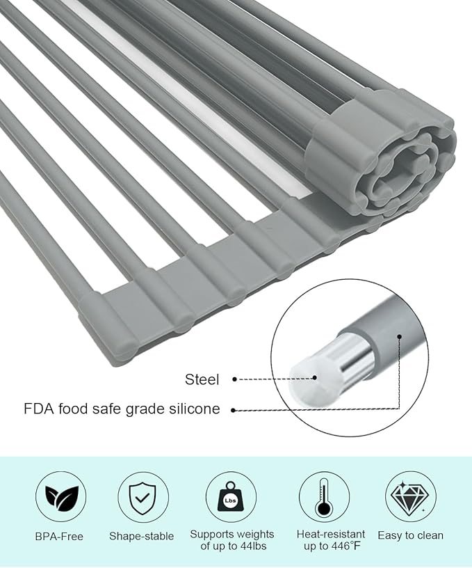 Roll Up Dish Drying Rack Over Sink, 20.47" x 12.99" Foldable Silicone Wrapped Stainless Steel Over The Sink Dish Drying Rack, Grey