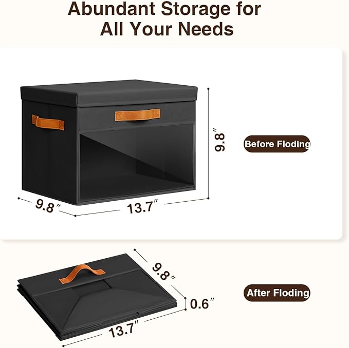 Homsorout Large Storage Bins with Lids - 4 Pack Foldable Decorative Organizers with Clear Windows & Handles, Cube Storage Organizers for Clothes, Blankets, Sweaters, Sheets, Black
