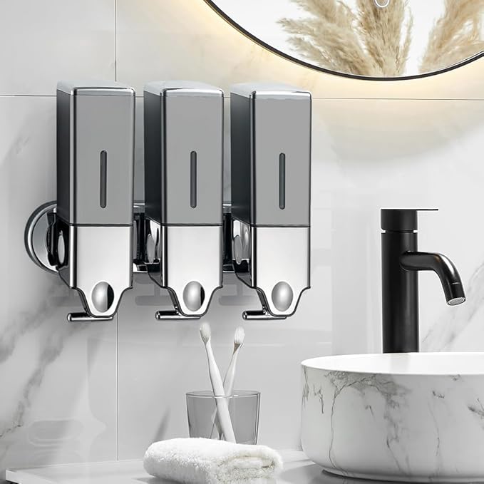 No-Drill 3 Pack 500ml Wall Mounted Soap Dispenser for Bathroom and Kitchen, Shampoo and Conditioner Dispenser Drill Free with Adhesive(Square-Grey)