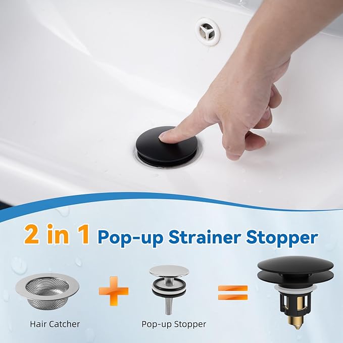 iFealClear Universal Black Bathroom Sink Stopper, Metal Pop Up Sink Drain Strainer with Hair Catcher, Fit 1.1"-2.36" US Basin, Wash Basin Drain Plug
