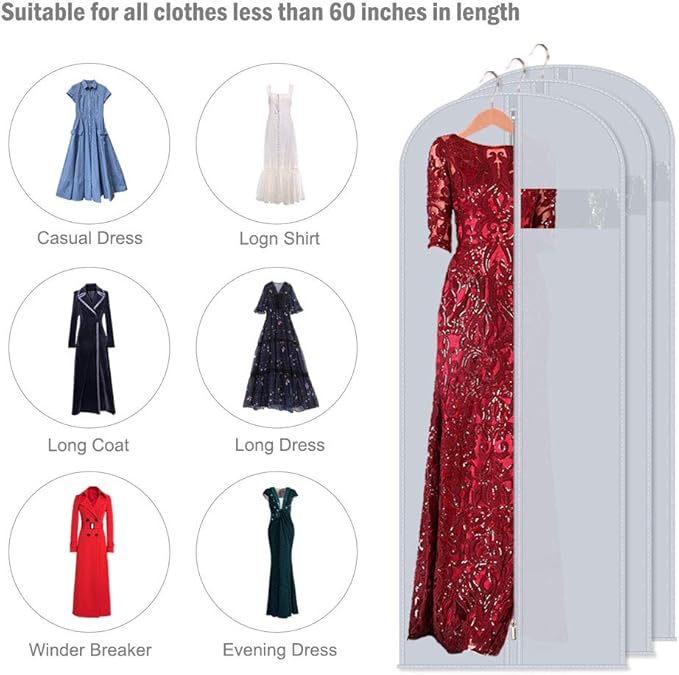 Dress Bags for Gowns & Garment Bags 60-Inch 3-Pack - PEVA Hanging Clothes Storage with Clear Window, Foldable for Wedding Dresses, Coats & Travel (Heavy-Duty Zipper)
