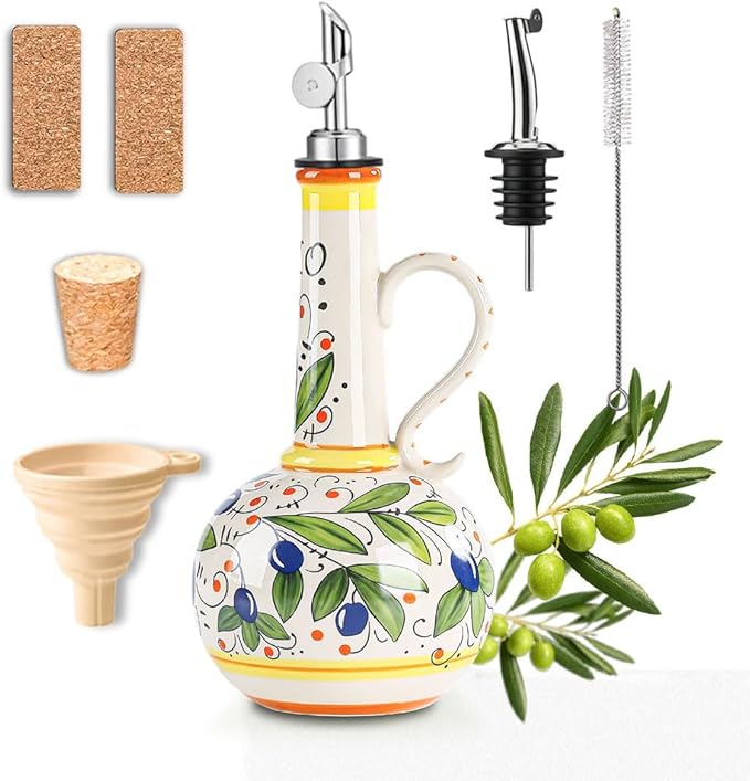 18 oz Ceramic Olive Oil Dispenser Bottle - Hand-Painted Italian Kitchen Decor Oil Cruet with 2 Spouts, Silicone Funnel, Cleaning Brush & Writable Labels - Ceramic Olive Oil Decanter for Kitchen