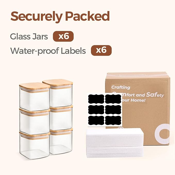 ComSaf 0.6 Qt Glass Food Storage Jars Set of 6, Clear Storage Containers with Airtight Lids, Pantry Organization Jar, Spice Jar, Blooming Tea