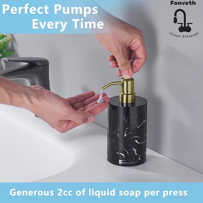 Soap Dispenser Countertop for Bathroom Kitchen, Liquid Hand Soap Dispenser 13.5oz Resin with Brushed Gold Stainless Steel Pump, Lotion Dish Soap Black Marble Bottle