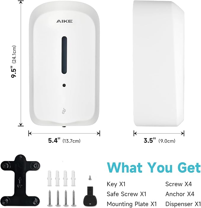 AIKE 33.8oz Automatic Wall Mount Liquid Soap Dispenser with Commercial ABS Construction, Model AK1226S(White)