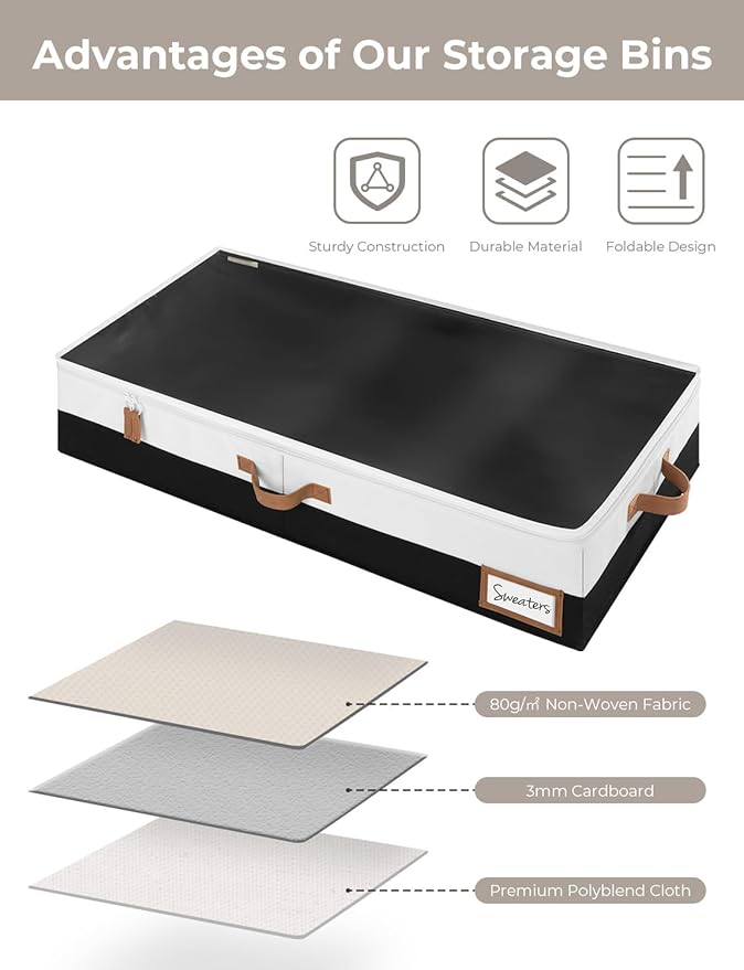 StorageWorks Large Under Bed Storage Containers with Handles and Label Holder, 2 Pack Ultra-thick Fabric Underbed Bins, Closet Organizer for Clothes
