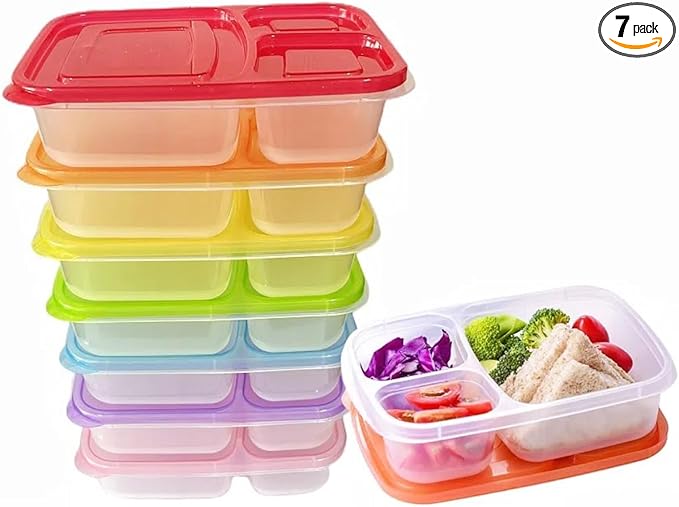 WEEK NINE Bento Lunch Boxes - Reusable 3-Compartment Food Containers for School, Work, and Travel, Set of 7