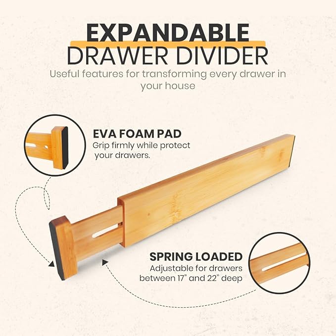 Adjustable Bamboo Drawer Dividers, Drawer Organizer for Kitchen, Bedroom