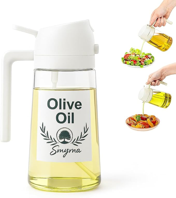 Glass Olive Oil Sprayer 16oz/470ml – 2-in-1 Oil Dispenser & Spray Bottle for Cooking, Portion Control, Salad, Air Fryer, BBQ – Leak-Proof, Fine Mist Bottle with 6 Decorative Labels (White)