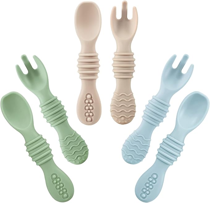 PandaEar 6 Pack Silicone Baby Spoons & Forks | Baby Feeding Set Self Feeding Utensils, Toddler Infant Feeding Spoon Forks BPA Free First Stage