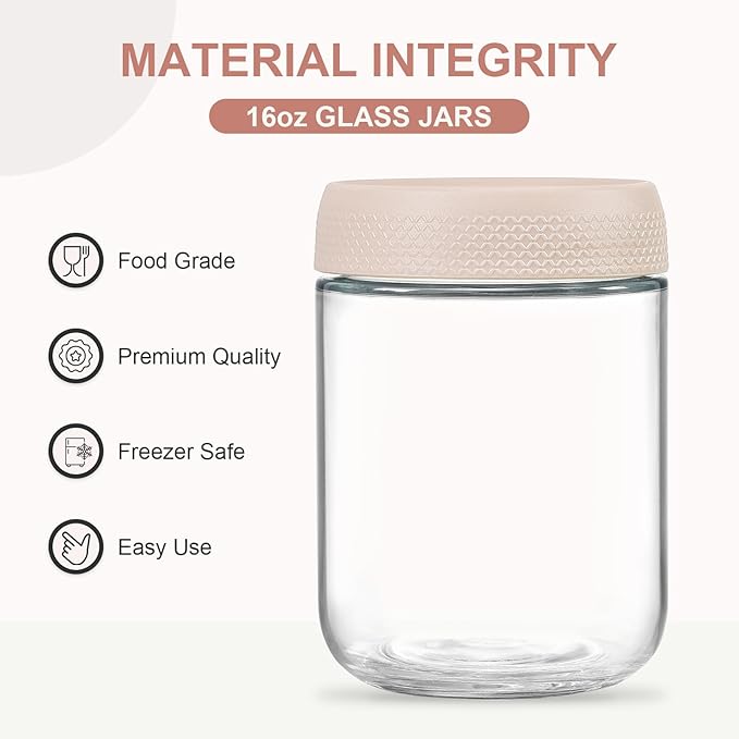 NETANY 6-pack 16oz Glass jars with Airtight Lids, Overnight Oats Containers with Lids, Wide mouth Mason Salad jars