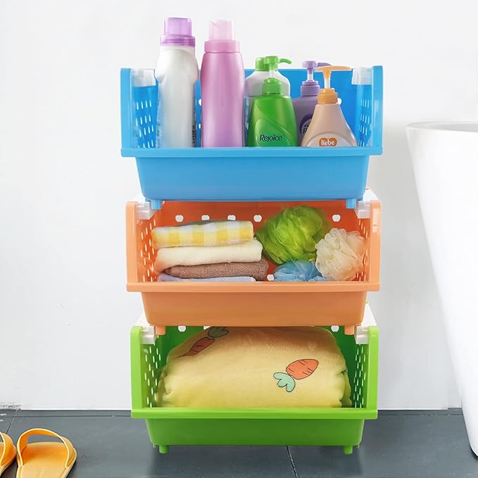 Asking 4-Pack Colorful Plastic Stackable Kitchen Storage Basket, Stacking Organizer Bin