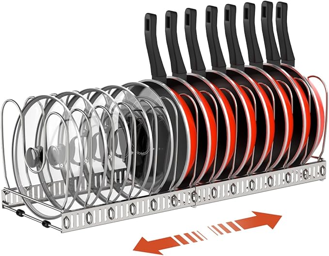 Housolution Pot and Pan Organizer Rack for Cabinet, Stainless Steel Expandable Pot Lid Organizer with 14 Adjustable Dividers